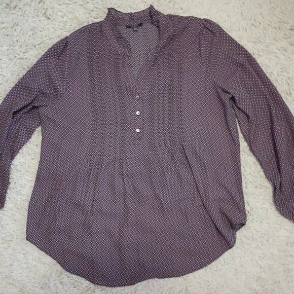 NYDJ Women’s Large Purple Geometric Tile Print Blouse Pintuck Ruffle Neck - Picture 2 of 10